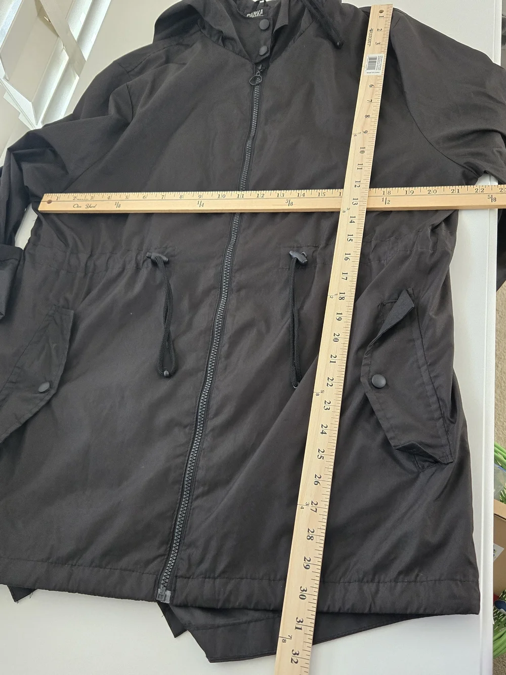Solid Black Lightweight Hooded Rain Anorak Utility Jacket Zip Close-Size L